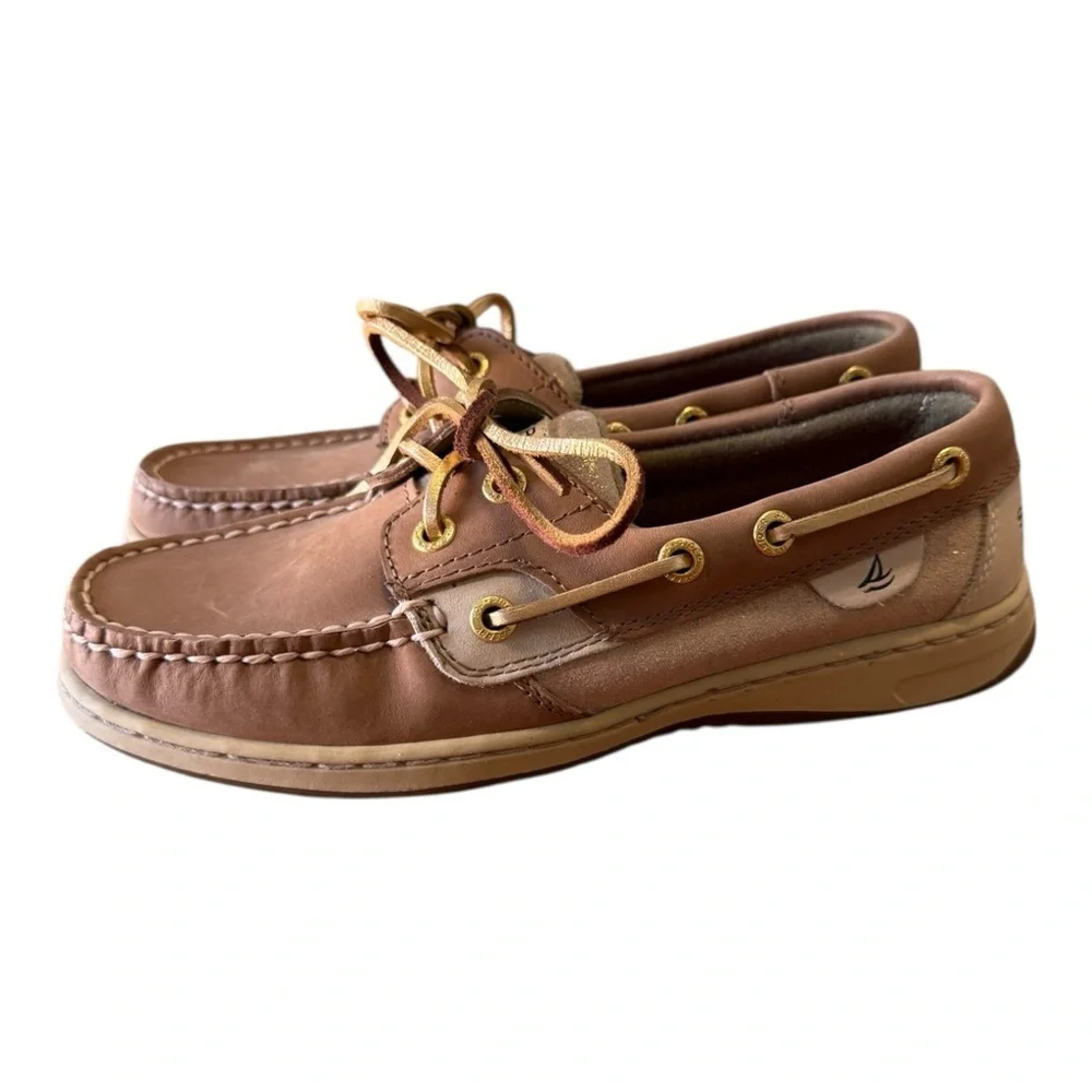 Sperry Top Sider Boat Shoes Womens Size 5M Tan Leather Gold Glitter Deck Lace Up